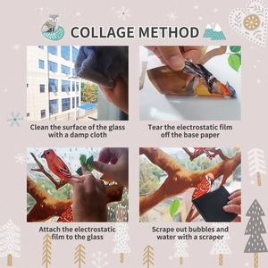 Detailed four-step installation guide for bird-themed electrostatic window film stickers