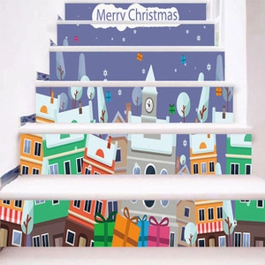 Detailed view of Merry Christmas staircase decals featuring a snowy village and night sky
