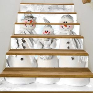 Detailed view of removable Christmas stair stickers featuring cartoon snowmen and snowflakes