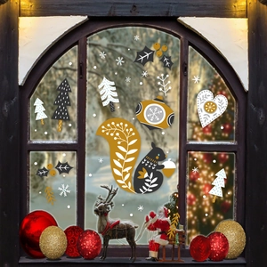 Christmas squirrel forest static window decals for glass with snowflakes and trees