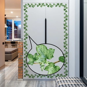 Macro detail of waterproof green ivy wall stickers showing realistic vine print on furniture