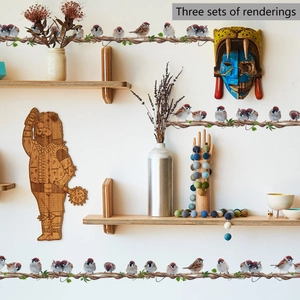 Sticker mural de vigne avec oiseaux, moineaux réalistes sur cordes à feuilles vertes