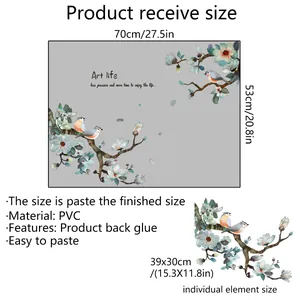 Size chart for Chinese ink wash style bird and branch static cling window sticker