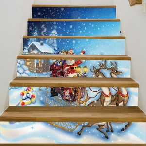 Detailed view of 6-piece Christmas stair stickers with Santa Claus and reindeer scene