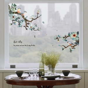 Ink style bird and flower branch static window cling for double-sided glass decoration