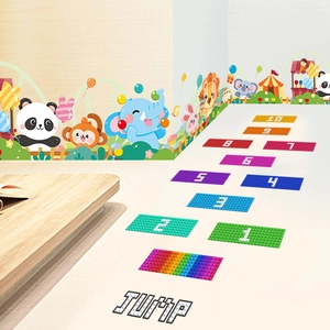 Colorful hopscotch floor decals with 1-10 numbers and cartoon animal wall stickers for kids