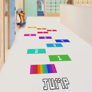 Colorful numbered hopscotch floor decals with building block texture for kids room
