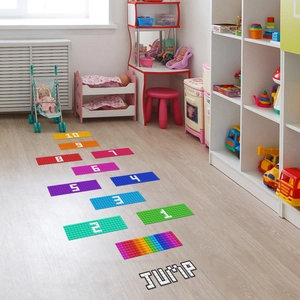 Colorful brick-style hopscotch floor stickers with numbers 1 to 10 for kids' room