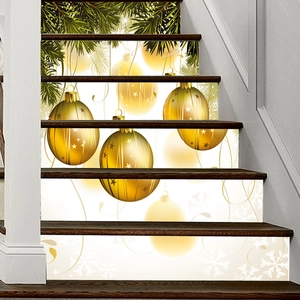 Detailed Christmas stair stickers with golden baubles and pine branches on white PVC
