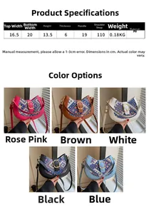 Detailed view of bohemian style patchwork PU leather shoulder bag with dimensions