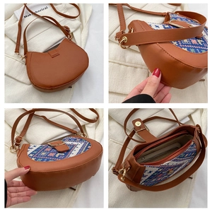 Collage of brown saddle bag featuring ethnic woven pattern, golden hardware, and interior