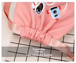 Detail of pink nylon drawstring closure with robot print for kids backpack
