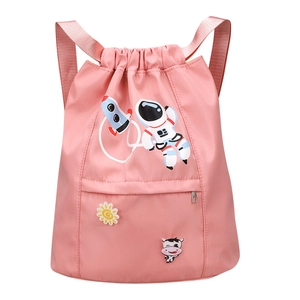 Pink waterproof nylon drawstring backpack for kids with cute astronaut cartoon prints