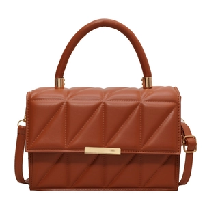 Caramel brown quilted small square bag with golden buckle and chain shoulder strap