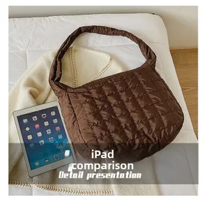 Detailed comparison of brown quilted tote bag size with an iPad on a soft blanket