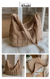 Detailed views of a khaki quilted puffer tote bag in space cotton with soft fold texture