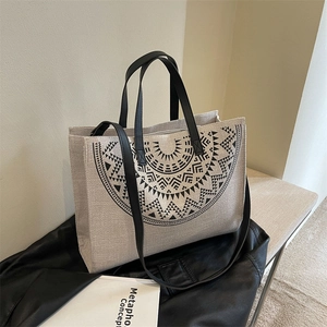 Women Large Capacity Canvas Tote Bag With Faux Leather Straps Geometric Tribal Print Zipper Shoulder Handbag Casual
