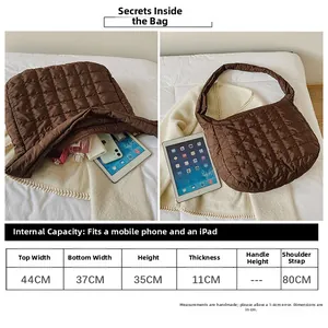 Size chart and capacity detail of the brown quilted tote bag with interior storage space