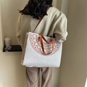 Large Japanese floral tote bag in beige canvas with brown mandala print and leather straps