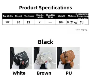 Detailed size specifications and color options for the quilted leather shoulder bag