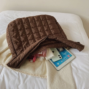 Brown quilted puffer cloud tote bag with large capacity for laptop and daily essentials