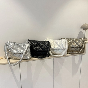 Quilted space cotton tote bags in silver, black, beige, and bronze for women