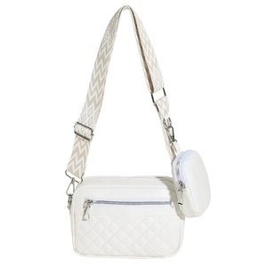 Chic beige quilted PU leather shoulder bag with wide geometric strap and small coin purse