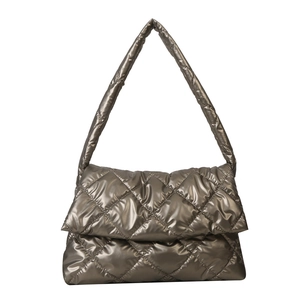 Metallic quilted puffer shoulder bag with large diamond stitching and padded handle