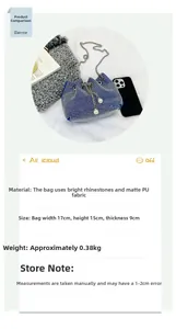 Détail du sac seau bleu en strass avec chaîne argentée et cordon de serrage perlé