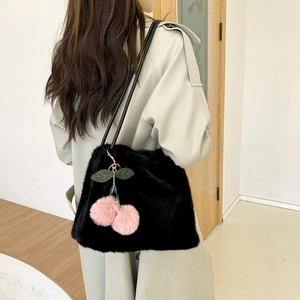 Borsa A Spalla Da Donna In Peluche E Pelliccia Sintetica Con Pendente A Ciliegia Pompon Borsa Tote Moda Autunno Inverno