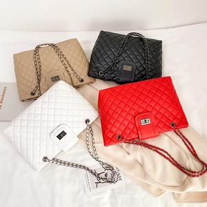 Chic quilted chain bags in black, white, red, and beige with vintage metal turn-locks