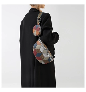 Detail of colorful geometric patchwork waist bag with ethnic strap and mini coin purse