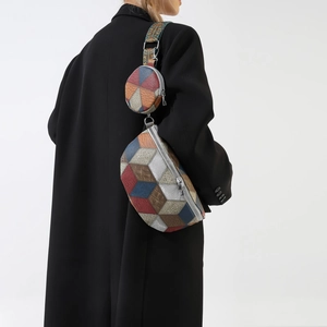 Colorful geometric patchwork fanny pack with a matching round pouch and ethnic strap