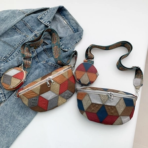 Waterproof patchwork waist bag with 3D geometric pattern and ethnic style wide strap