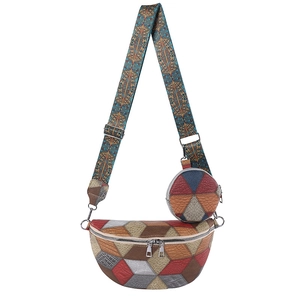 Ethnic patchwork waist bag with double zippers and detachable round coin purse charm