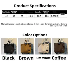 Detailed size chart and dimensions table for the large capacity canvas tote bag model