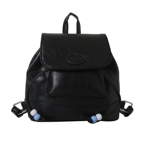 Minimalist black PU leather backpack with a fashion logo and blue-white bead drawstring