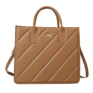 Minimalist brown quilted faux leather tote bag with gold flower buckle and shoulder strap