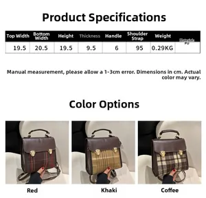 Size chart and dimensions for the vintage plaid PU leather backpack in multiple colors