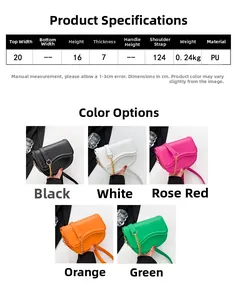 Detailed size chart and five color variants of the PU leather saddle bag with chain