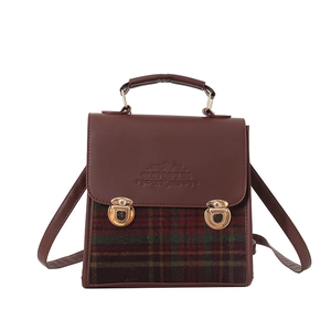 Borsa a tracolla vintage marrone scuro a scacchi con fibbia dorata e manico superiore