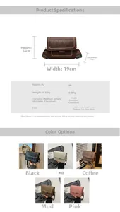 Detailed size chart and multi-color options for the textured PU leather crossbody bag