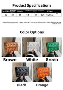 Size chart for quilted shoulder bag in PU leather showing dimensions and color options