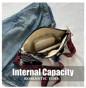 Ethnic knit crossbody bag with tassels and internal capacity showing daily items