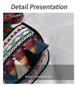 Detailed view of colorful ethnic crossbody bag with geometric weaving and soft tassels