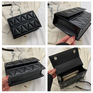 Detailed four-view of black quilted crossbody bag with silver chain strap and geometric texture