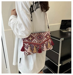 Detail of bohemian crossbody bag with geometric patterns and colorful fringe tassels