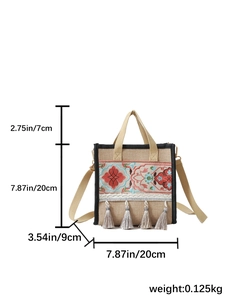 Ethnic embroidery handbag size guide showing 20cm height and detailed fringe accents