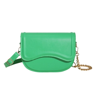 Minimalist light green saddle crossbody bag with wave edge flap and gold chain detail