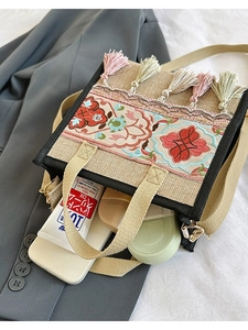 Bohemian embroidered straw tote bag with tassels and vintage floral pattern for women